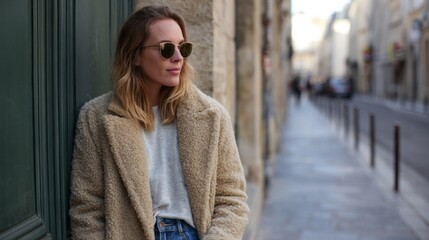 Obraz premium A contemplative Caucasian woman in textured coat, timeless urban explorer, channels winter solstice introspection, amidst vintage cityscape whispers