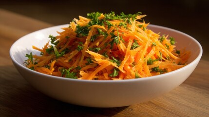 Shredded carrot salad adorned with vibrant parsley whispers of spring equinox renewal, picnic al fresco, and rustic garden soiree