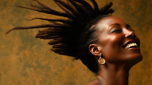 Joyful Black Woman with Dreadlocks, Upward Gaze, Brown Background