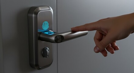 Naklejka premium A hand touches the fingerprint scanner on a smart door handle for secure, keyless access to a smart home
