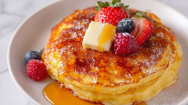 Fluffy golden pancakes crowned with a berry medley and syrup, invoking Shrove Tuesday indulgence and Nordic Midsummer sweetness