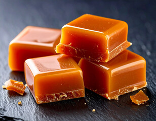  Caramel shards broken on slate, macro detail, glossy amber tones 