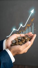 Hand Holding Coins with Digital Financial Growth Chart