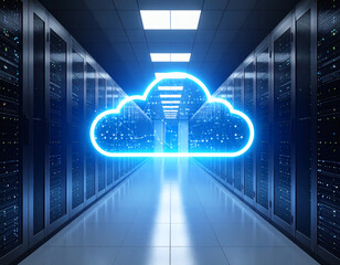 Futuristic glowing neon cloud icon floating above a server room corridor, representing cloud computing and data storage