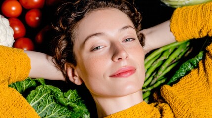 A serene Caucasian woman nestles amid verdant kale and vibrant tomatoes, embodying Earth Day's refreshing embrace and autumnal abundance