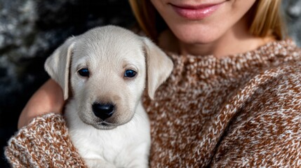 Blond woman cradles adorable puppy, sweater whispering autumn warmth, embodying cozy hygge vibes and International Dog Day joy