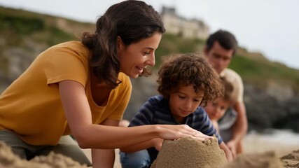 A joyful family is engaged in building sandcastles at the beach, illustrating the fun and creativity of childhood while enjoying quality time together in a beautiful outdoor setting. - Powered by Adobe