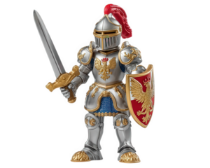 Medieval knight figurine with silver armor, gold accents, red plume, holding sword and shield, toy soldier, fantasy character, isolated on transparency background