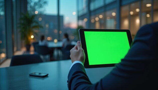 Man in suit holds tablet with green screen in modern office lobby. Anonymous worker uses digital device at conference table with blurred background. Person reviews data on chromakey pad.