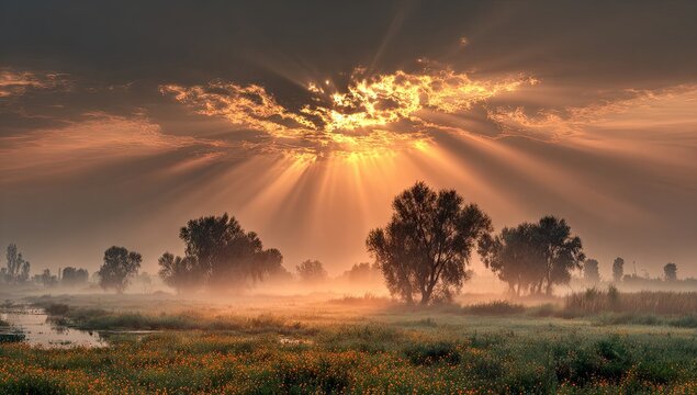 Sun rays burst through clouds, illuminating misty meadow with trees & subtle cityscape
