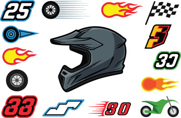 Vector illustration of motocross elements including a helmet numbers flames and a motorcycle.