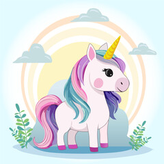 Banner with a rainbow animal in the clouds.Vector illustration with a beautiful unicorn against the background of sun and clouds.