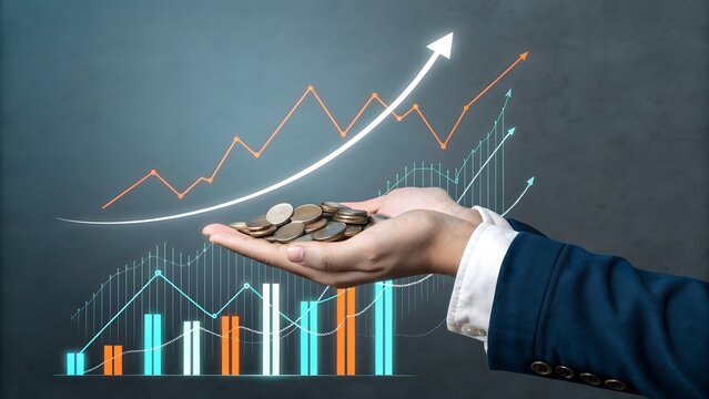 Hand Holding Coins with Digital Financial Growth Chart