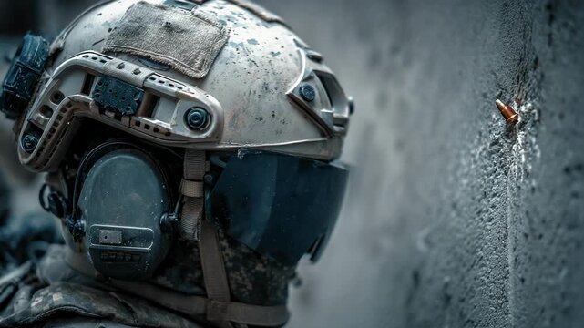 A tactical soldier wearing a helmet and visor studies a bullet embedded in a concrete wall.