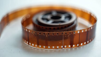 Vintage film strip roll spiral. Old film reel. Nostalgia concept with film roll on white. Cinematic photography reel. Retro movie theme. Retro photo reel on background.
