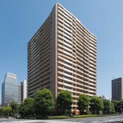 Tall, beige apartment building with balconies, bright sunny sky
