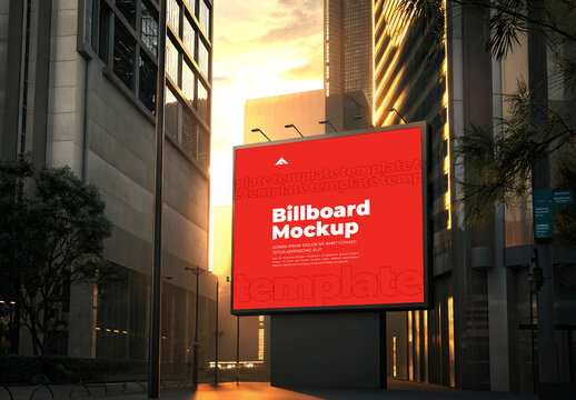 Street Level City Billboard Mockup Between Skyscrapers at Golden Hour