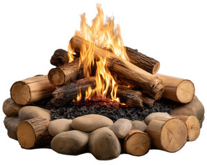 Campfire with burning wood logs and glowing flames surrounded by smooth stones, creating warm and cozy outdoor atmosphere for relaxation or gathering