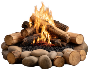 Campfire with burning wood logs and glowing flames surrounded by smooth stones, creating warm and cozy outdoor atmosphere for relaxation or gathering