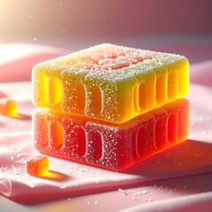 Stacked, square-shaped, colorful jellies on soft pink fabric