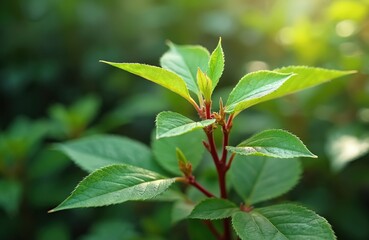 Green leaves of a plant with red stem in natural background. Fresh foliage and vegetation in garden or park. Close-up of leafy greens with red stalk. Natural scenery with lush plants.