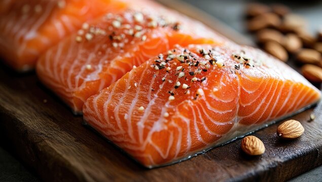 Raw salmon fillets with seasoning, next to scattered almonds - Powered by Adobe