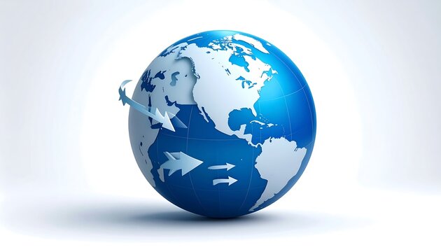 A stylized blue and white Earth globe with arrows circling, suggesting global connections and movement against a clean, white backdrop - Powered by Adobe