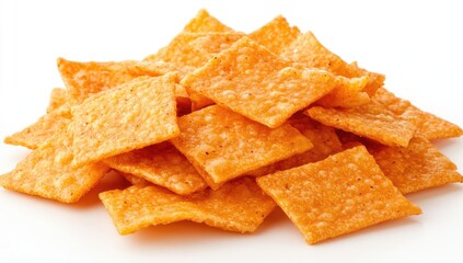Stacked orange square corn chips on white
