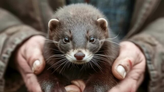 a male farmer holds a mink in his hands. Selective focus