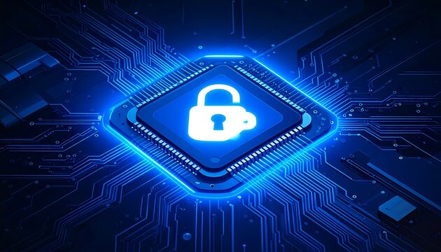 A stylized glowing blue circuit board with a digital padlock, symbolizing security in the digital age. Lines and lights create a technological feel