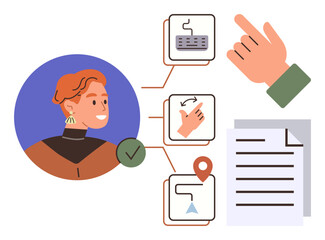 User profile linked to task icons for keyboard input, gestures, location, and file management. Ideal for workflow design, project management, task tracking, communication, user interface process