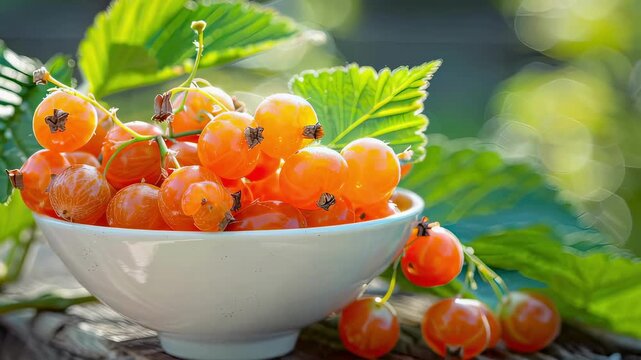 cloudberry in a white bowl on a wooden table nature background. Selective focus