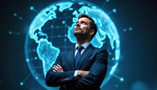 Confident businessman in suit stands with crossed arms looking up. Man smiles in front of glowing blue digital globe background. Professional corporate leader in business attire represents global