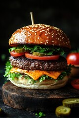 Delicious burger with toppings on a wooden board