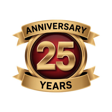 Golden 25th anniversary badge with red ribbon, celebrating twentyfive years of achievement, isolated on transparent background