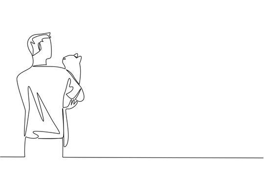 Continuous one line drawing rear view, a man in casual clothes hugging cat. Cat friendship with humans. Adorable behavior. International Hug Your Cat Day. Single line draw design vector illustration