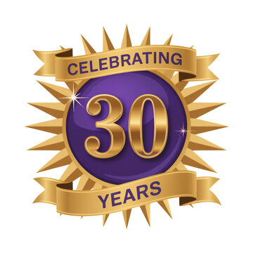Golden badge celebrating 30 years with a purple center and sunburst rays, isolated on transparent background