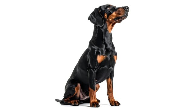 A sleek, alert Doberman Pinscher sits attentively, gazing upwards against a stark white backdrop. Its coat is a deep black with distinctive tan markings