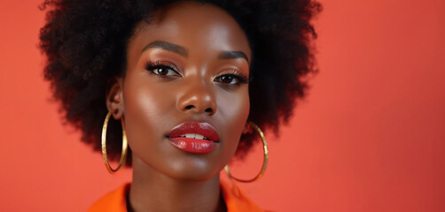 Fototapeta premium A beautiful Black woman with bright makeup poses in front of a red background. She has curly hair wearing golden hoop earrings. Portrait of an African American model