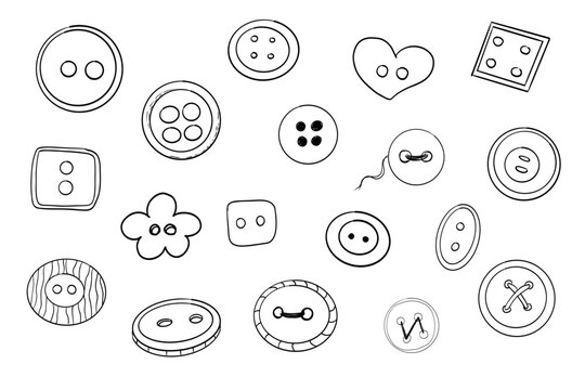 Button sewing item set hand drawn line doodle sketch. Plastic vintage cloth button collection. Various sewing tailor accessories.