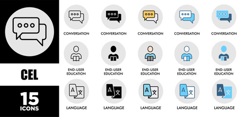 CEL icon set with various styles and colors of corporate sustainability performance for investment screening	
