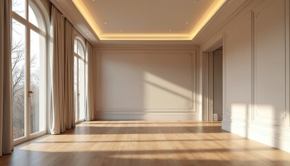Fototapeta premium Sunlight streams into empty room with large arched windows. Interior features elegant paneling, polished wood floor, modern recessed ceiling lights. Offers bright, classic atmosphere ideal for