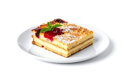 A slice of layered pastry dessert sits on a white plate, garnished with red fruit compote and mint