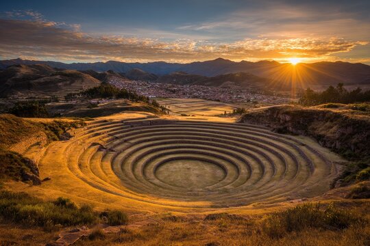 Moray Peru. Stunning Sunset Over Historic Agricultural Site in Sacred Valley of the Incas