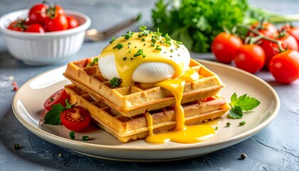 Stacked waffles with poached egg, sauce, tomatoes, and parsley on a plate