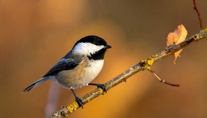 Fototapeta premium A small black-capped bird perched delicately on a branch, set against a blurred autumnal backdrop of warm gold hues