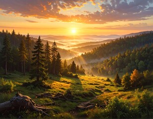 Stunning sunrise over misty forest and mountains showcasing natural beauty
