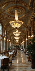 Ornate dining hall with chandeliers, marble floors