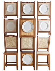 Stacked wooden chairs with plates