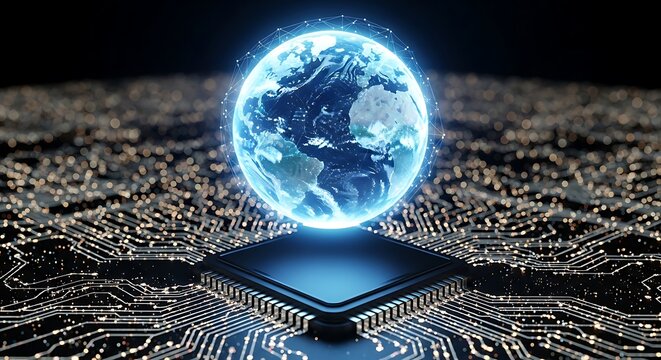 Ultra highresolution, professional studio photography of digital earth globe glowing on a futuristic computer processor chip with intricate circuit board patterns